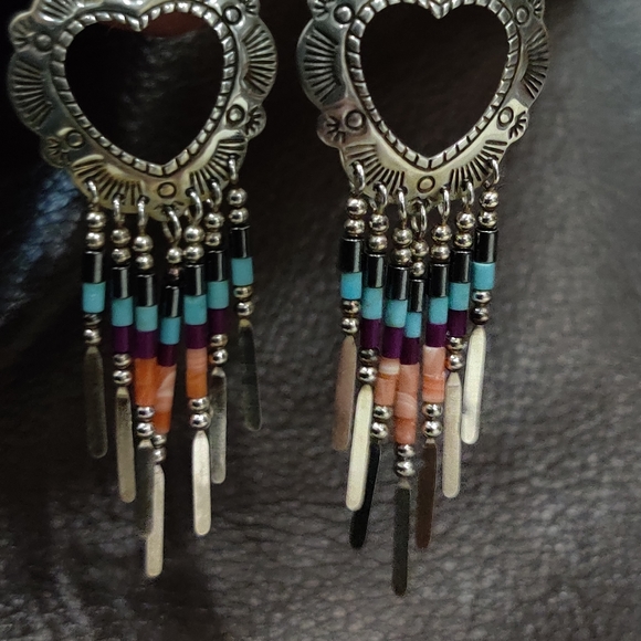 Vintage Native American Navajo TK Emerson  Silver Dangling Heart Earrings - Picture 9 of 9